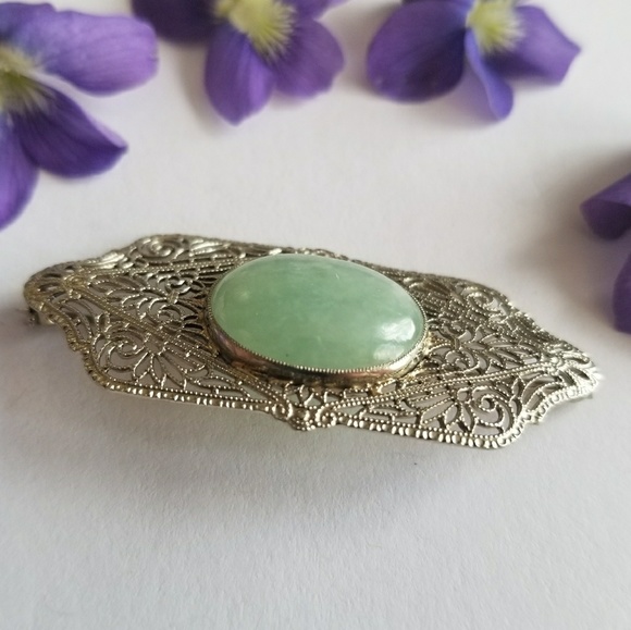 Relisted -Vintage 10k gold Jade brooch pin white Art Nouveau - Picture 7 of 8